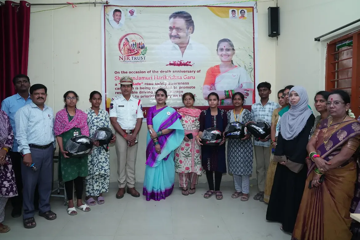 Nandamuri Deepika Janaki Ram distributed helmets to students in memory of Harikrishna