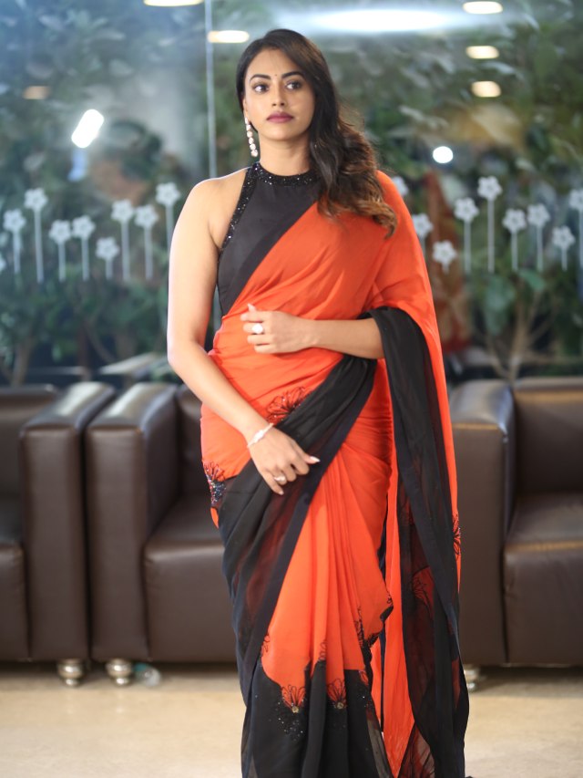 Kamakshi Bhaskarla Stunning Looks in Saree at Agadha Pre Release Event