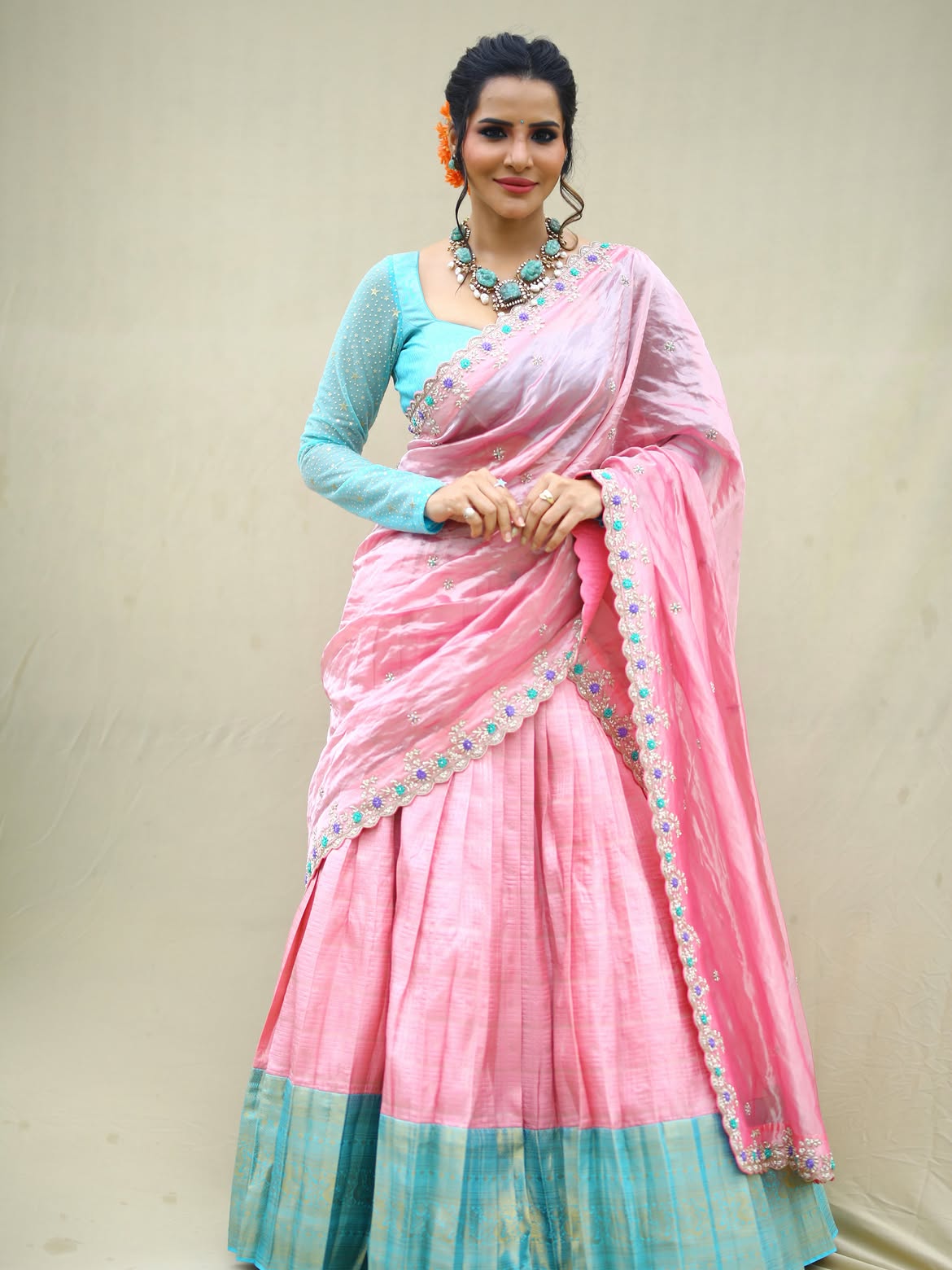 Ashu Reddy Half Saree Looks