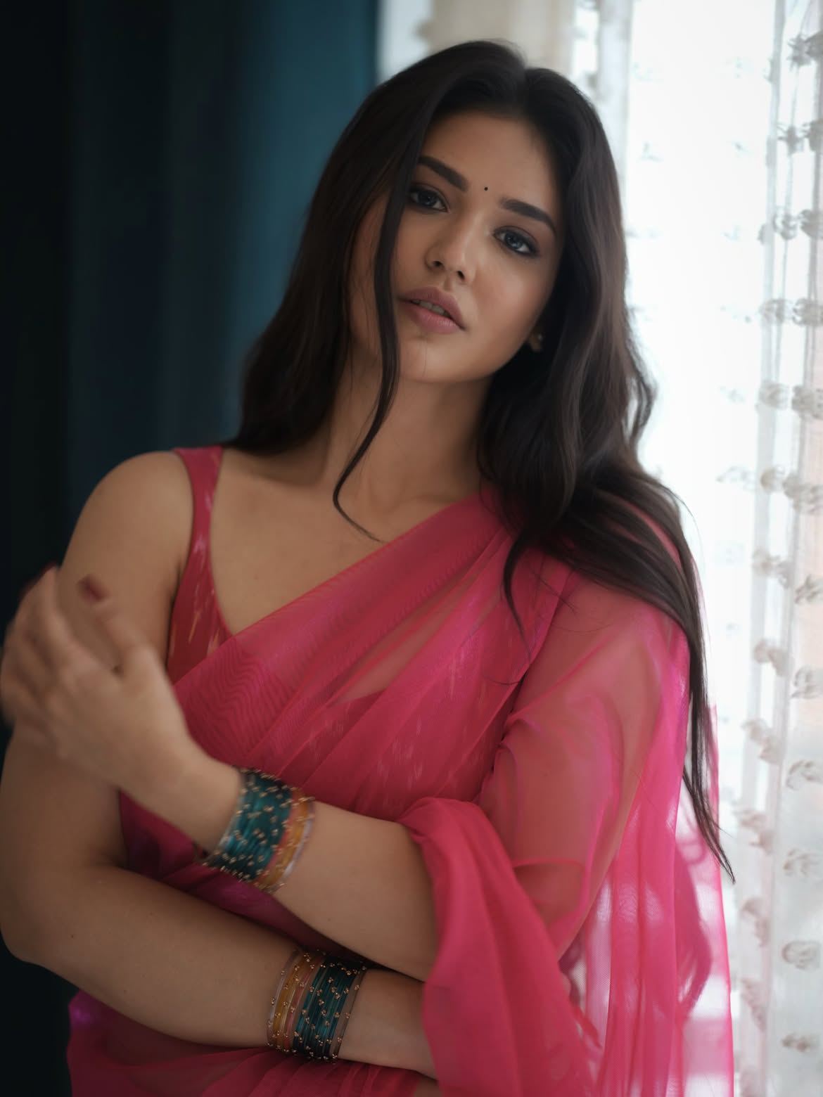 Priyanka Jawalkar Cute Looks in Transparent Pink Saree