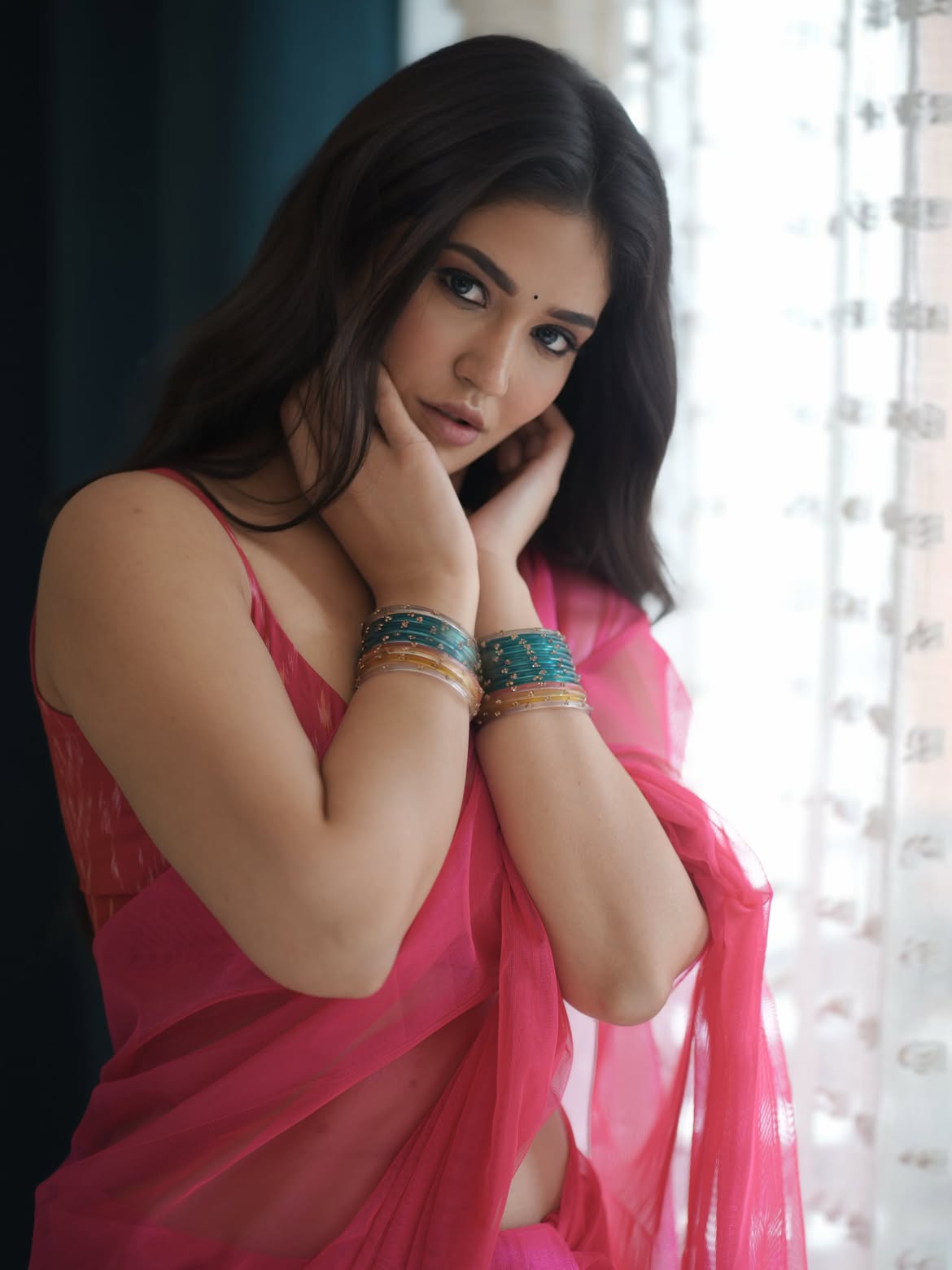 Priyanka Jawalkar Cute Looks in Transparent Pink Saree
