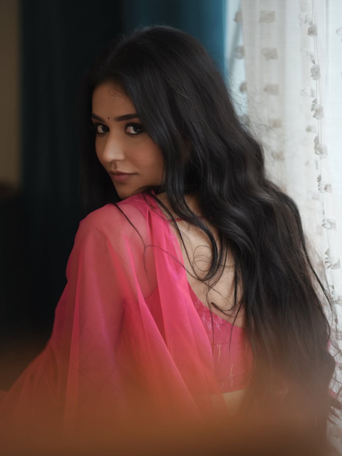 Priyanka Jawalkar Cute Looks in Transparent Pink Saree