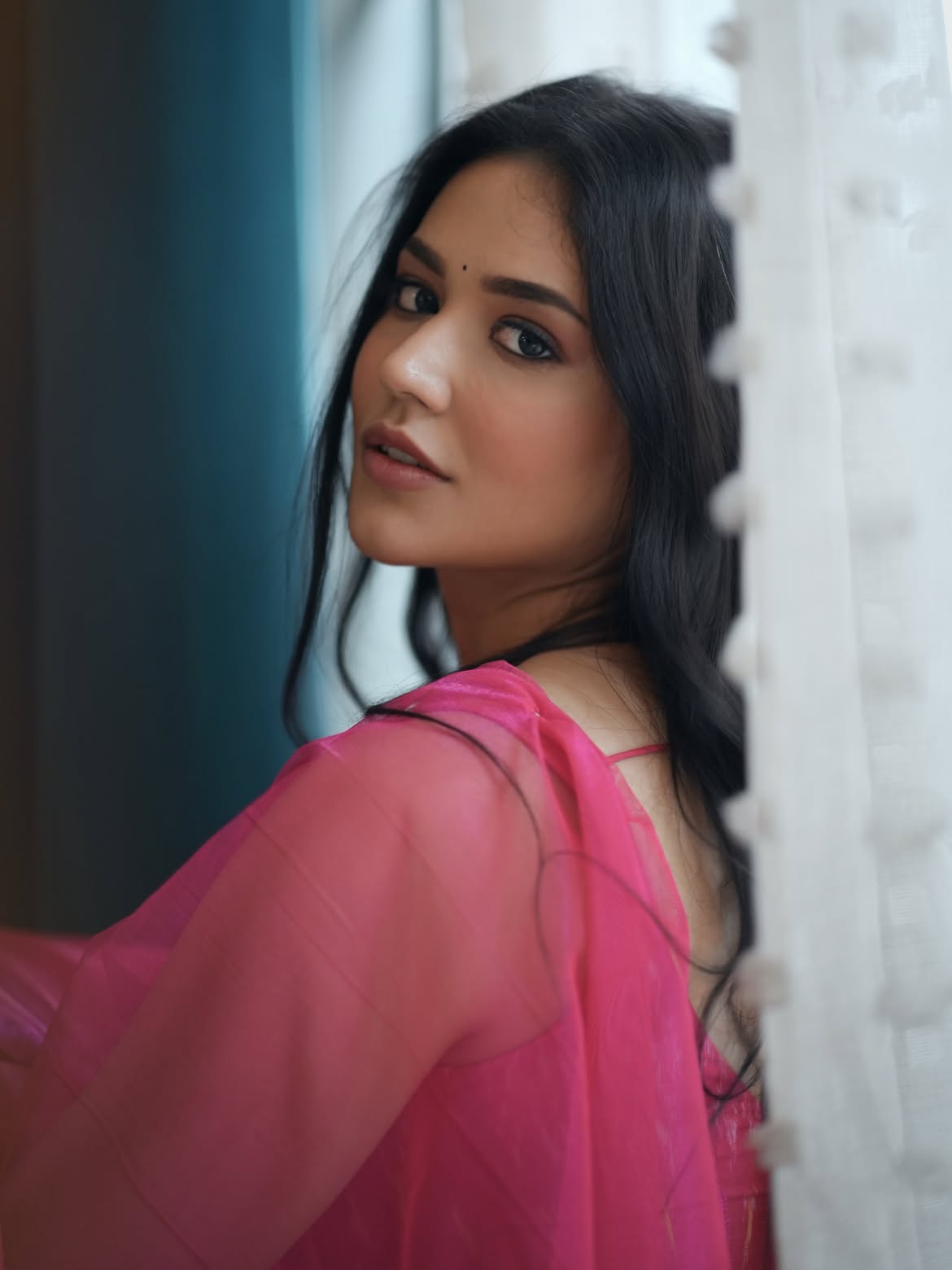 Priyanka Jawalkar Cute Looks in Transparent Pink Saree