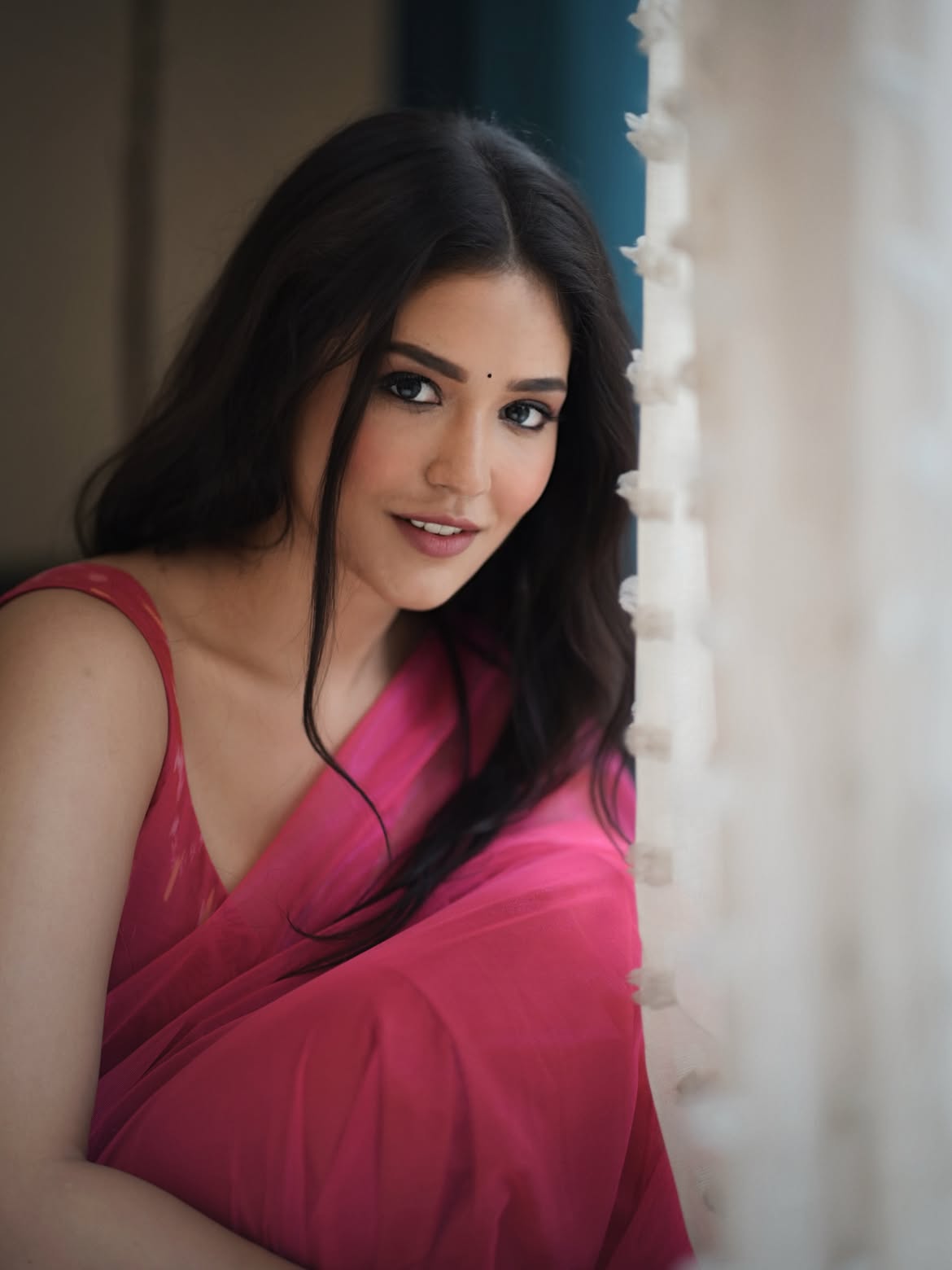 Priyanka Jawalkar Cute Looks in Transparent Pink Saree