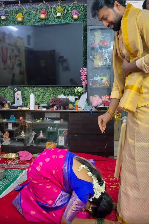 Serial Actress Sireesha Satyanarayana Swami Vratham with Husband Actor Mahendra