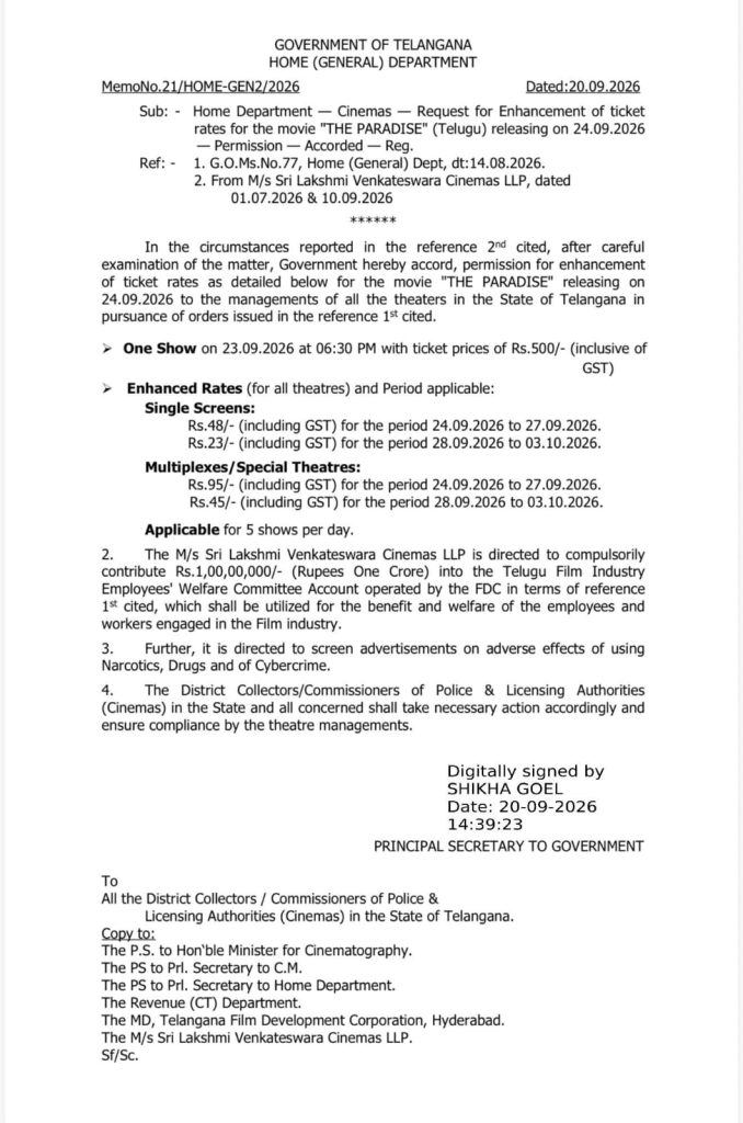 Nani The Paradise Movie Ticket Rates Increased by Telangana Government 