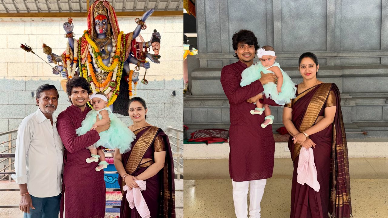 Kevvu Kartheek : అమ్మవారి ఆలయంలో ఫ్యామిలీతో జబర్దస్త్ కెవ్వు కార్తీక్.. దసరా స్పెషల్..