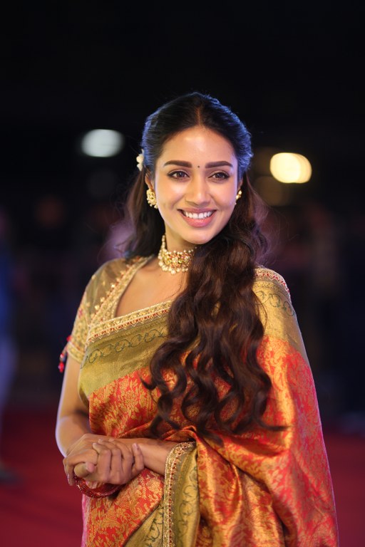Nivetha Pethuraj Stunning Looks in Saree at Aadarsha Kutumbam Pre Release Event