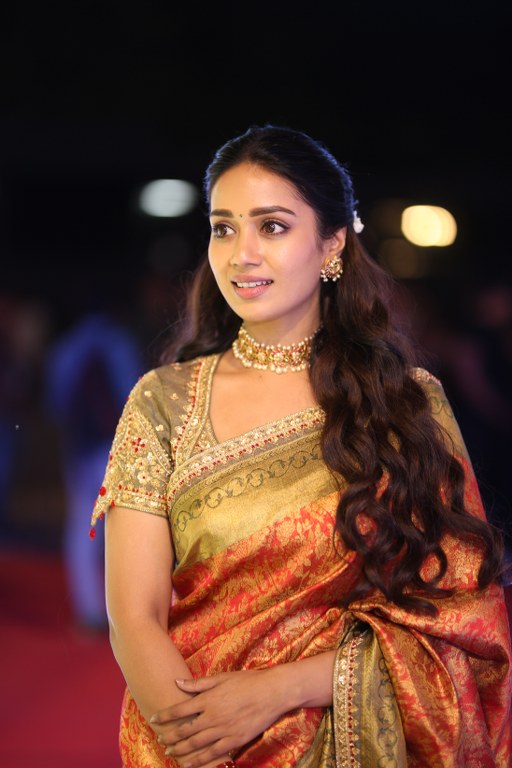 Nivetha Pethuraj Stunning Looks in Saree at Aadarsha Kutumbam Pre Release Event