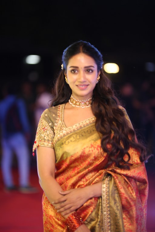 Nivetha Pethuraj Stunning Looks in Saree at Aadarsha Kutumbam Pre Release Event