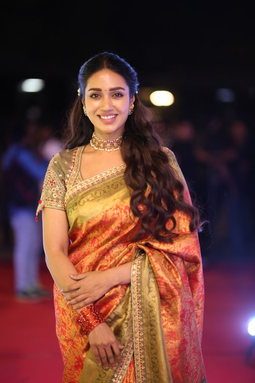 Nivetha Pethuraj Stunning Looks in Saree at Aadarsha Kutumbam Pre Release Event