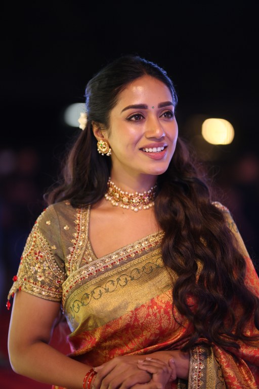 Nivetha Pethuraj Stunning Looks in Saree at Aadarsha Kutumbam Pre Release Event