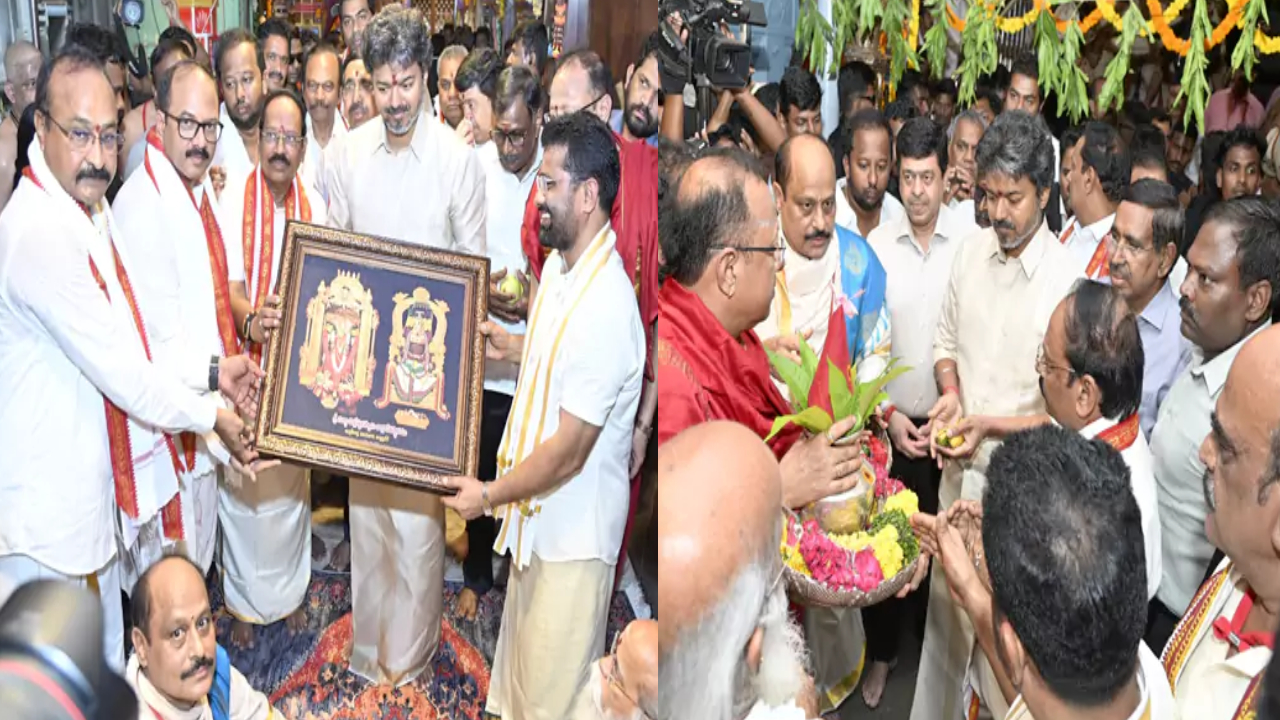 CM Vijay: విజయవాడలో తమిళనాడు సీఎం విజయ్.. ఇంద్రకీలాద్రిపై కనకదుర్గమ్మ దర్శనం.. పూర్ణకుంభంతో స్వాగతం పలికిన అర్చకులు!